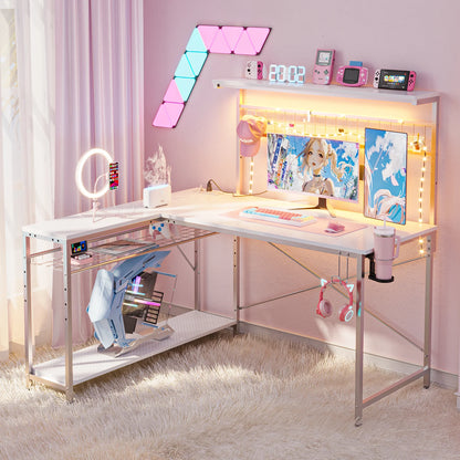 Bestier 51 L Shaped Gaming Desk with Power Outlets & LED Light, Computer Desk with 4 Tiers Shelves for Home Office, Reversible Gamer Table with Hooks and Cup Holder, Carbon Fiber
