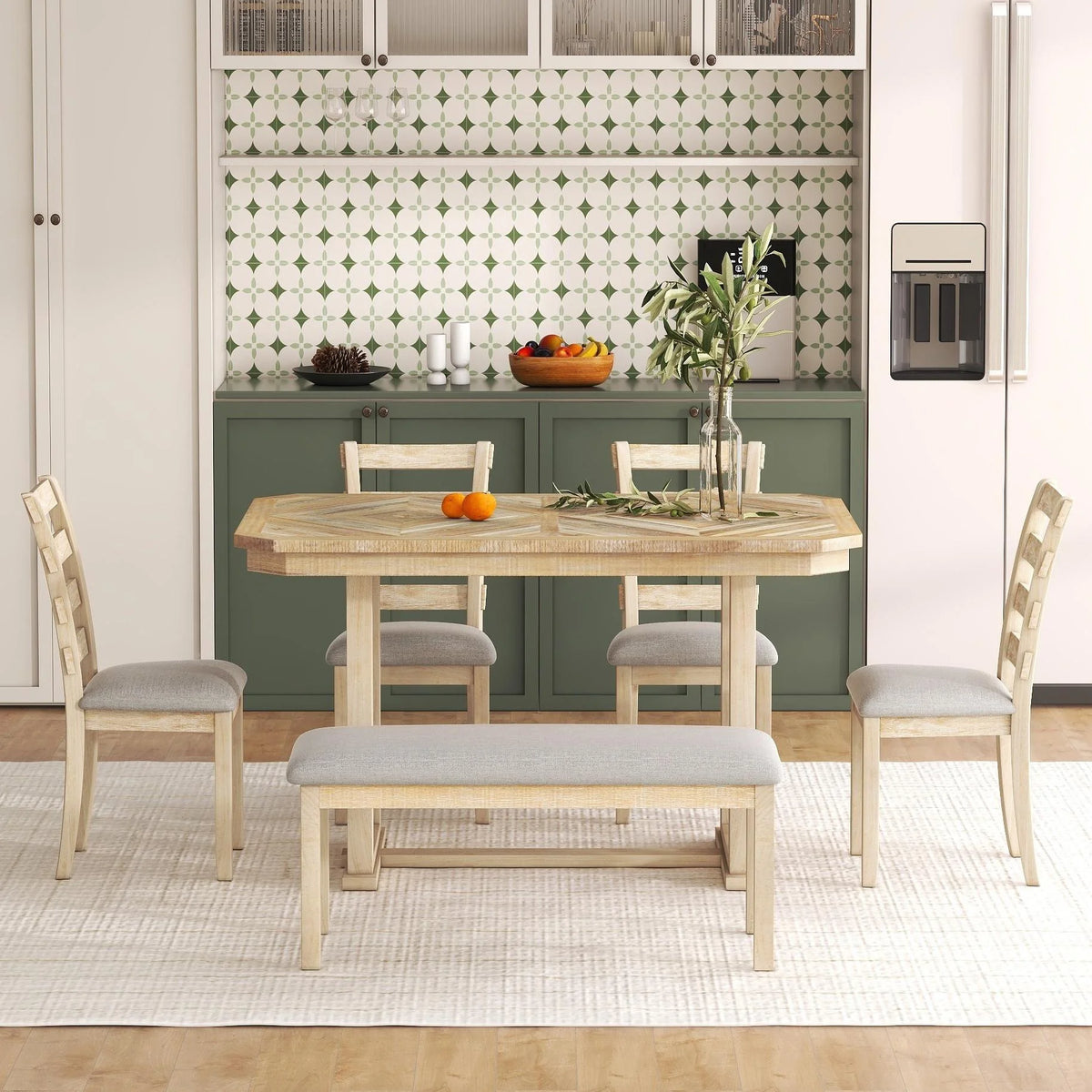 Bellemave 6-Piece Dining Table Set, Rubber Wood Rectangular Kitchen Table Set for 6, Farmhouse Dining Table Set with 4 Upholstered Chairs and Bench (Gray)