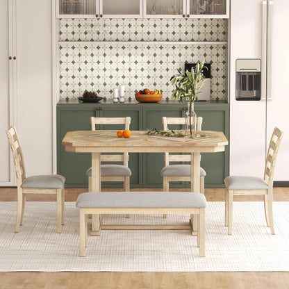 Bellemave 6-Piece Dining Table Set, Rubber Wood Rectangular Kitchen Table Set for 6, Farmhouse Dining Table Set with 4 Upholstered Chairs and Bench (Gray)
