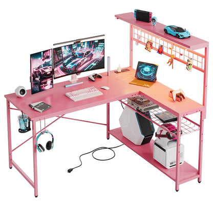 Bestier 51 L Shaped Gaming Desk with Power Outlets & LED Light, Computer Desk with 4 Tiers Shelves for Home Office, Reversible Gamer Table with Hooks and Cup Holder, Carbon Fiber