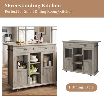 WALYWIK Foldable Kitchen Island Cart with Wheels, 2 Glass Doors, Spice Rack & Towel Holder �C Compact Mobile Storage Cart for Small Kitchens, Dining Rooms, Camping & RVs - Grey
