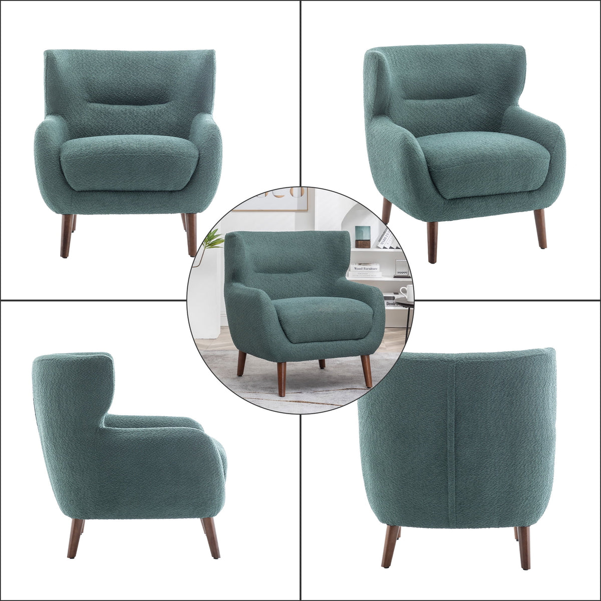 ALEAVIC White Accent Chair Upholstered Armchair with Solid Wood Legs