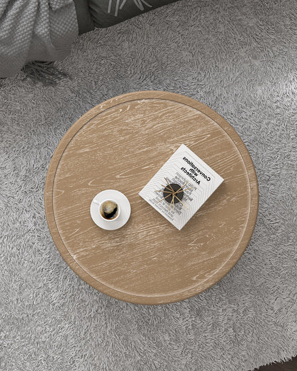 Bestco 30" Farmhouse Coffee Table, Round French Country Coffee Table, Distressed Wood Tray Top Vintage Coffee Table with Storage Shelf, Beige