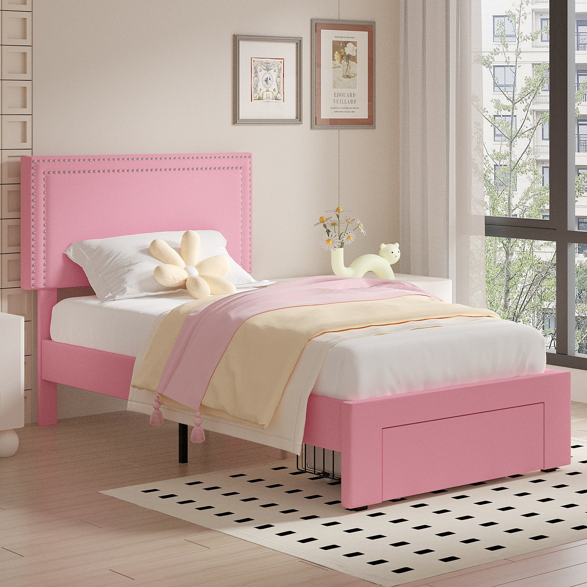 VECELO Full Bed Frame with 4 Storage Drawers (Wheeled) and Tufted Upholstered Adjustable Headboard Platform Bed, Beige