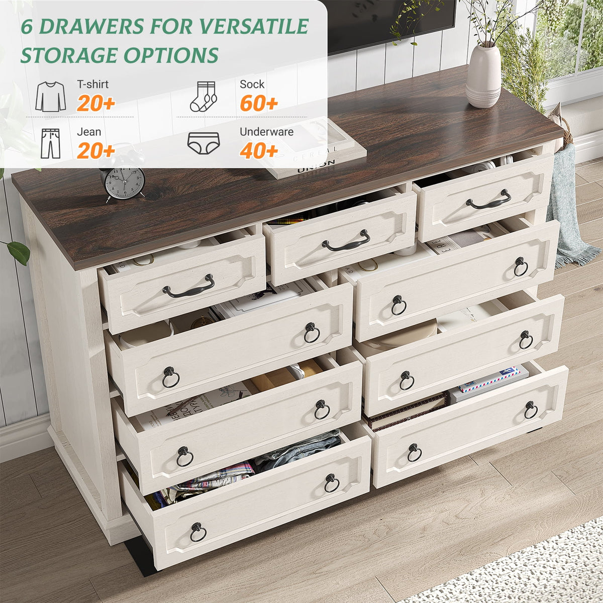 Vabches Farmhouse 6 Drawer Dresser, 43" Tall Chest of Drawers for Bedroom, Living Room, Hallway, Entryway, Antique White