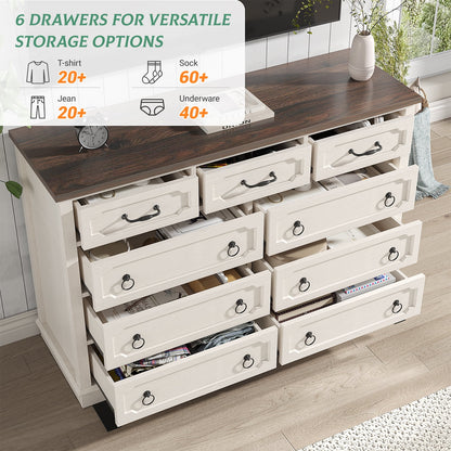 Vabches Farmhouse 6 Drawer Dresser, 43" Tall Chest of Drawers for Bedroom, Living Room, Hallway, Entryway, Antique White
