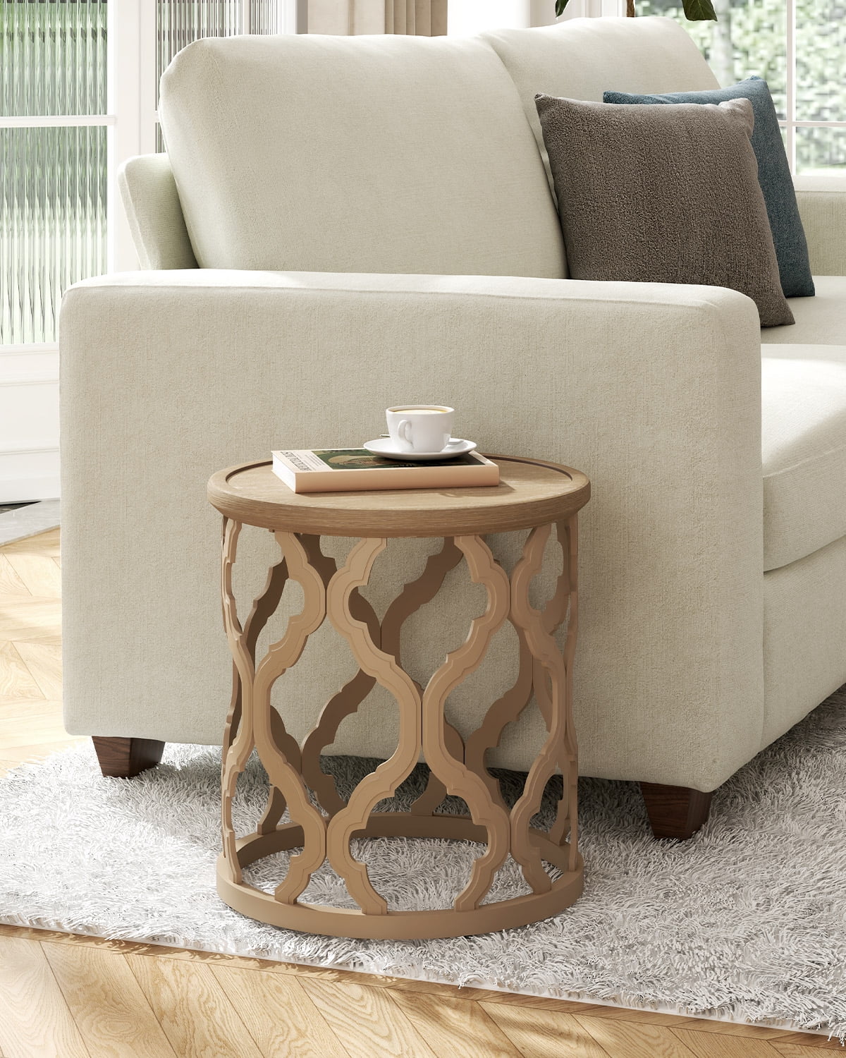 Bestco 30" Farmhouse Coffee Table, Round French Country Coffee Table, Distressed Wood Tray Top Vintage Coffee Table with Storage Shelf, Beige