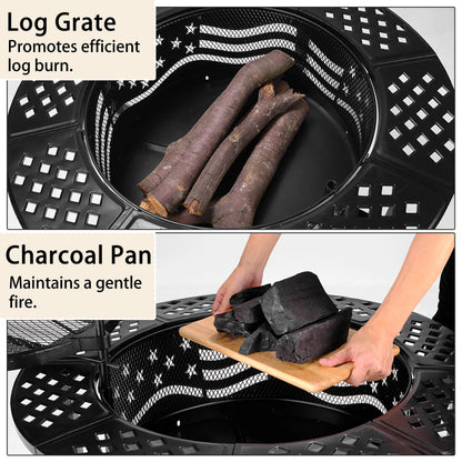TrumanPick Fire Pit for Outside 42" Wood Burning Fire Pit Tables with 2 Adjustable Swivel BBQ Grills, Lid, Poker for Patio Backyard BBQ Ice Storage