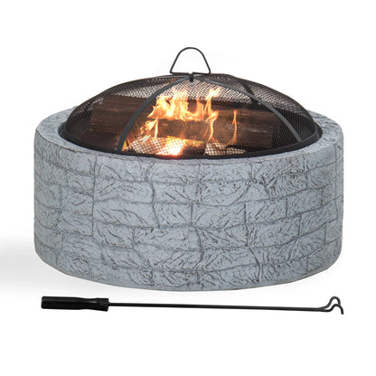 Sunjoy Stone Fire Pit 26 Inch, Outdoor Round Wood Burning Fire Pits with Spark Screen and Poker  Grey