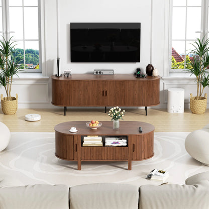 MARNUR Coffee Table with Storage, Tambour Sliding Door, Open Shelf, Mid Century Modern Center Table with Drawer for Living Room, Walnut