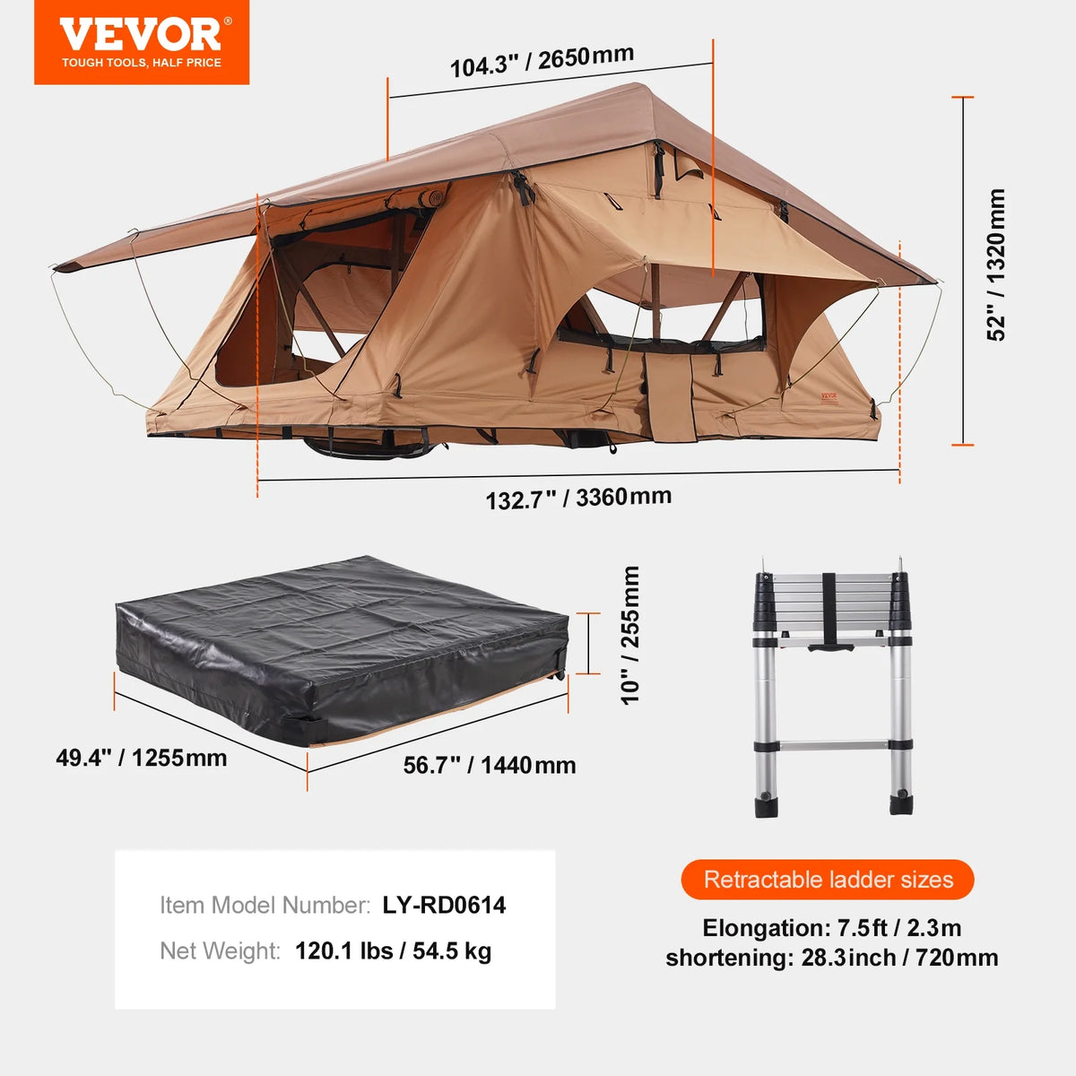 VEVOR Rooftop Tent Hard Shell, Naturnest Rooftop Tent Hardshell for 2-3 Person, Folding Hard Shell Roof Top Tent with Telescopic Ladder Mattress PVC Cover Bag, Waterproof for Jeep SUV Van Truck