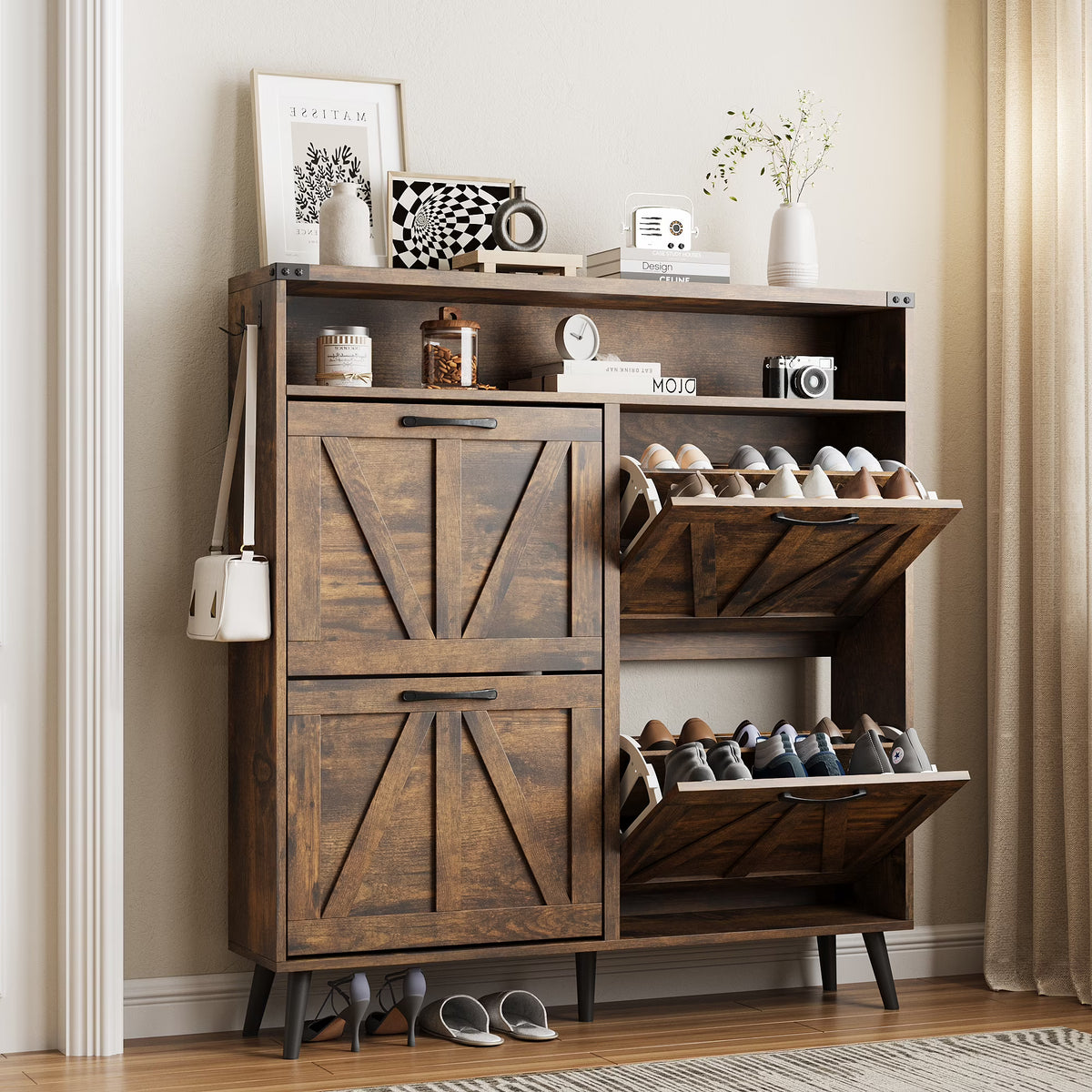 Veanerwood Shoe Cabinet with 2 Flip Drawers Farmhouse Shoe Storage Cabinet Organizer for Entryway, Gray