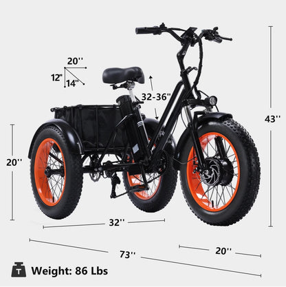 YEBEI Electric Tricycle for Adults Folding E-Trike Motorized Tricycle Electric 3 Wheels Trike Powerful 500W Motor Electric Tricycle 48V15AH Lithium Battery Max 20MPH 20*4.0�� Fat Tire Orange