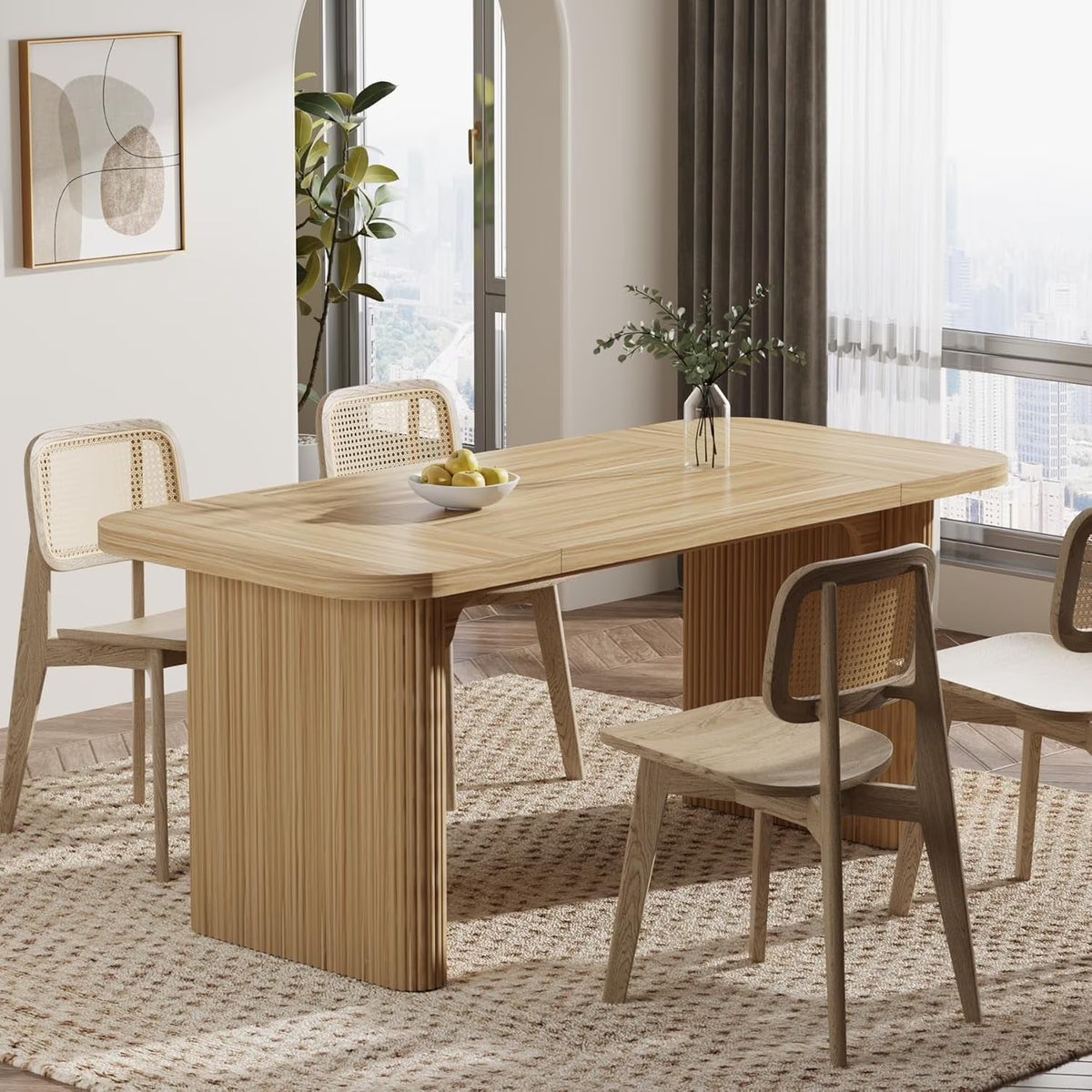 Tribesigns Farmhouse Dining Table for 4-6, Rectangular Wood Kitchen Table with Double Pedestal, 62-Inch Dinner Table for Dining Room, Living Room (Natural)
