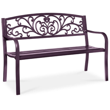 Best Choice Products Outdoor Steel Bench Garden Patio Porch Furniture w/ Floral Design Backrest - Black