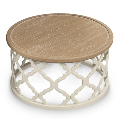 Bestco 30" Farmhouse Coffee Table, Round French Country Coffee Table, Distressed Wood Tray Top Vintage Coffee Table with Storage Shelf, Beige