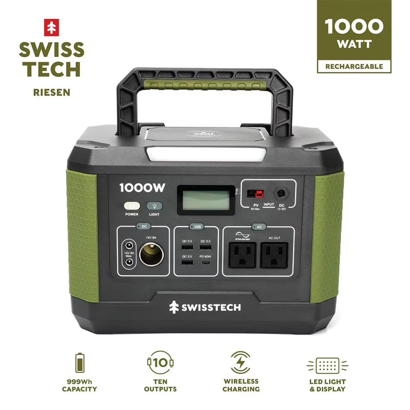 Swiss Tech 1000W portable power station 999Wh solar generator for camping & emergency use