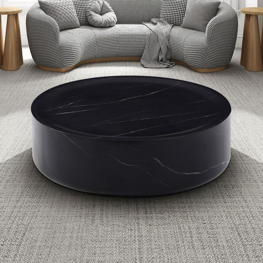 31.49'' Round Coffee Table with Marble Texture, Modern Low Drum Circle Fiberglass Coffee Table, Side Table Accent Table for Living Room, Outdoor, No Need Assembly, Marble