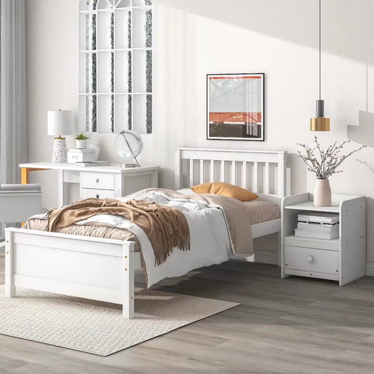 2-Pieces Bedroom Furniture Sets, Twin Size Platform Bed Frame with Headboard and Footboard, Nightstand with Storage Drawer, White