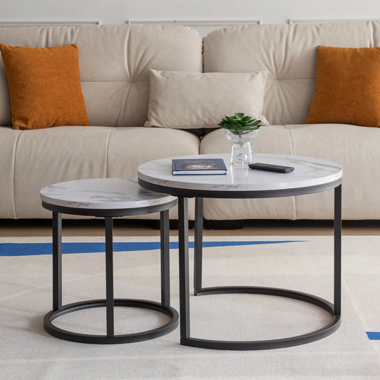 SYNGAR 2 Pieces Modern Nesting Coffee Table, Round Cocktail Table with Marble Grain and Metal Frame, Easy to Assemble, Living Room Center Table Sofa Side Table Can be Used Individually, Black