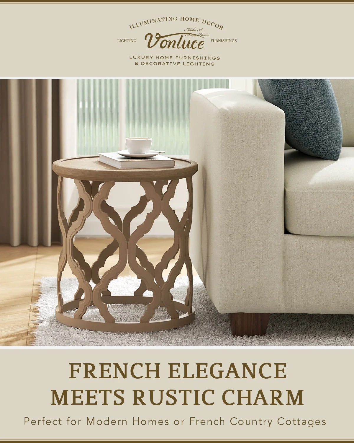 Bestco 30" Farmhouse Coffee Table, Round French Country Coffee Table, Distressed Wood Tray Top Vintage Coffee Table with Storage Shelf, Beige