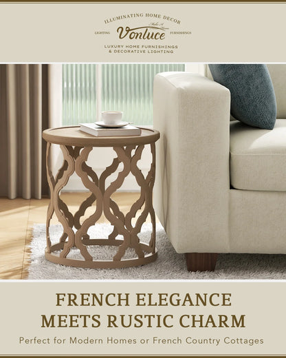 Bestco 30" Farmhouse Coffee Table, Round French Country Coffee Table, Distressed Wood Tray Top Vintage Coffee Table with Storage Shelf, Beige