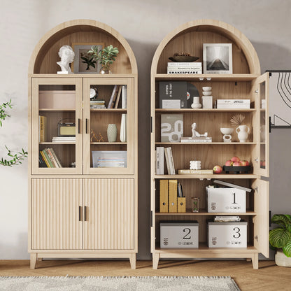 VEANERWOOD 71" Tall Arch Cabinet, Wood Fluted Kitchen Kitchen Storage Cabinet with 4 Doors and 6 Shelves for Dining Room Living Room