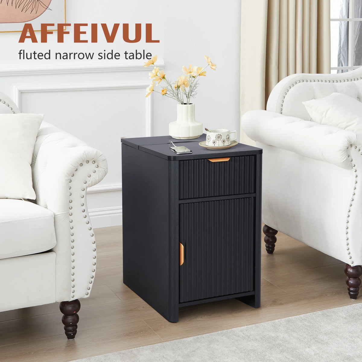 YOCWO Fluted Nightstand for Bedroom Set of 2 , Wood Bedside Table Set of 2 with Drawers, Black