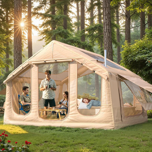 Yoleny 12'x8' Inflatable Tent, 96 SFT Blow Up Tent for Camping, 4 Season Oxford Glamping Tents with Clear Skylight, Pump & Stove Jack