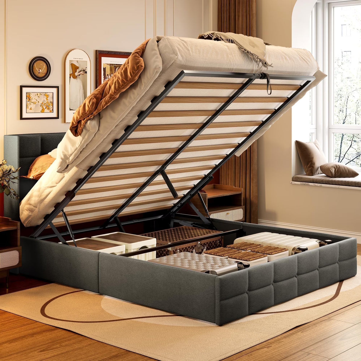 Lofka Lift Up Storage Bed Full Size, Modern Wingback Headboard, No Box Spring Needed, Hydraulic Storage, Dark Grey