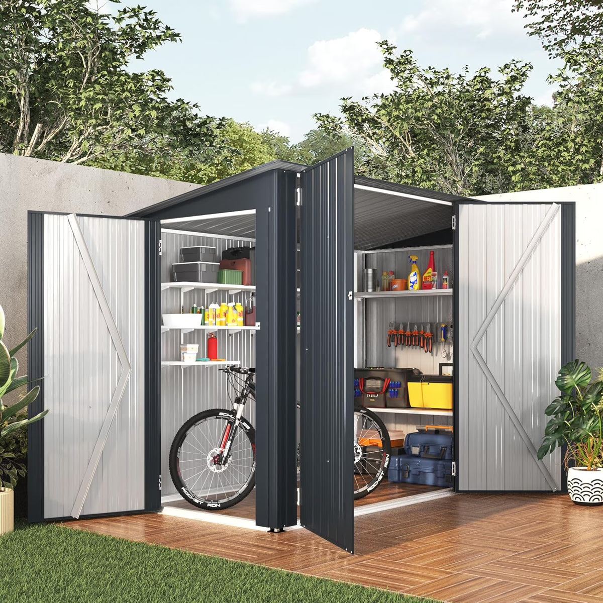 YODOLLA Outdoor Storage Shed, 3 x 7 Ft Bike Sheds & Outdoor Storage, Small Metal Outdoor Storage Cabinet for Garden