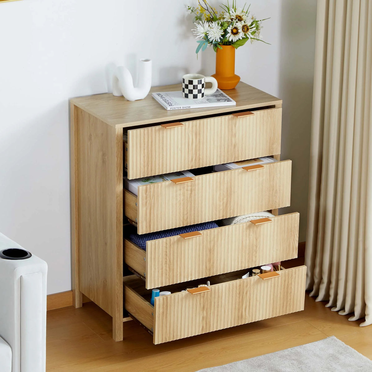 YOCWO Fluted Nightstand for Bedroom Set of 2 , Wood Bedside Table Set of 2 with Drawers, Black