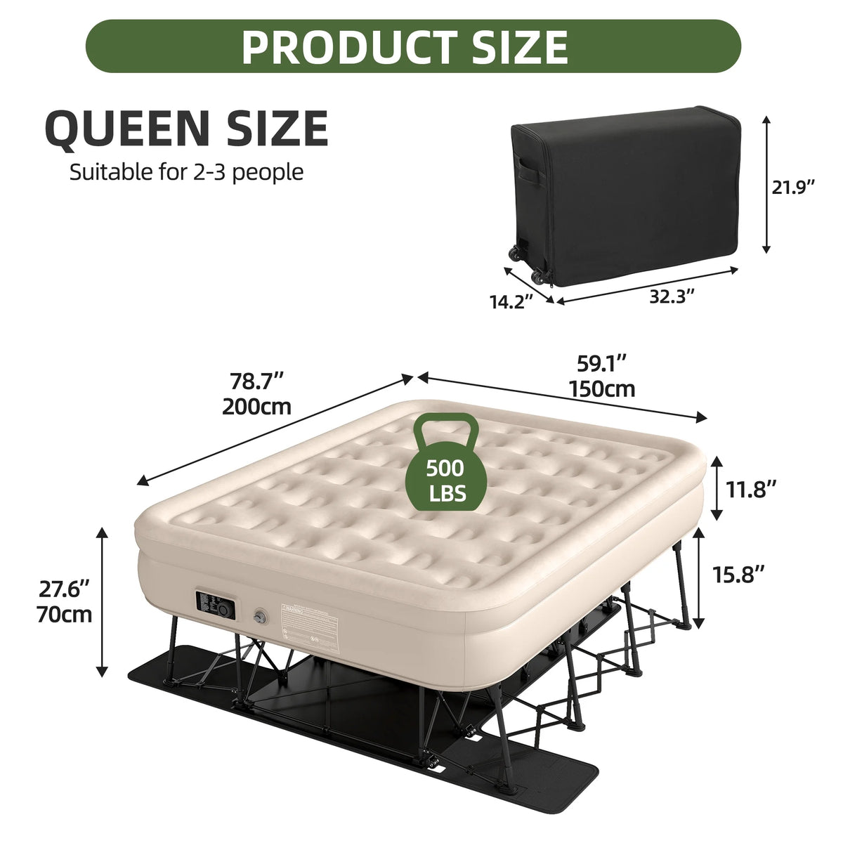 Uforic Inflatable Queen Air Mattress with Built-in Pump, Frame, Velvet Surface & Portable Storage Case, Khaki