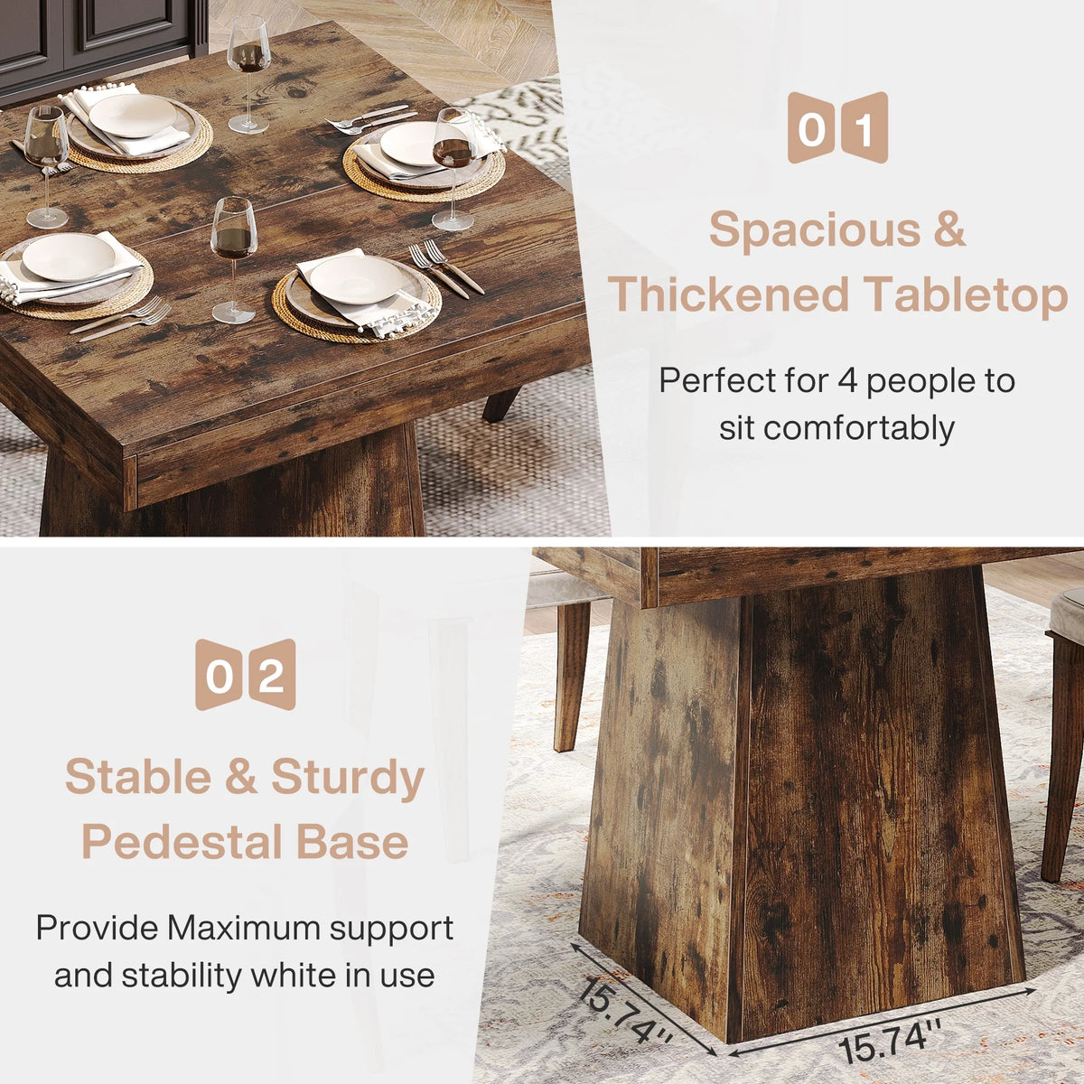 Tribesigns Square Dining Table for 4, 31.5-Inch Kitchen Table Small Dinner Table with Sturdy Pedestal Base, Farmhouse Dining Room Table for Home Dining Room, Living Room, Kitchen, Vintage Brown