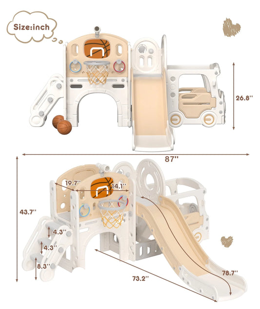 XJD 10 in 1 Toddler Slide, Kids Slide for Toddlers Age 1-3, Toddler Play Climber Slide Playset with Basketball Hoop and Ball, Toddlers Outdoor Indoor Playground(Beige+Coffee)