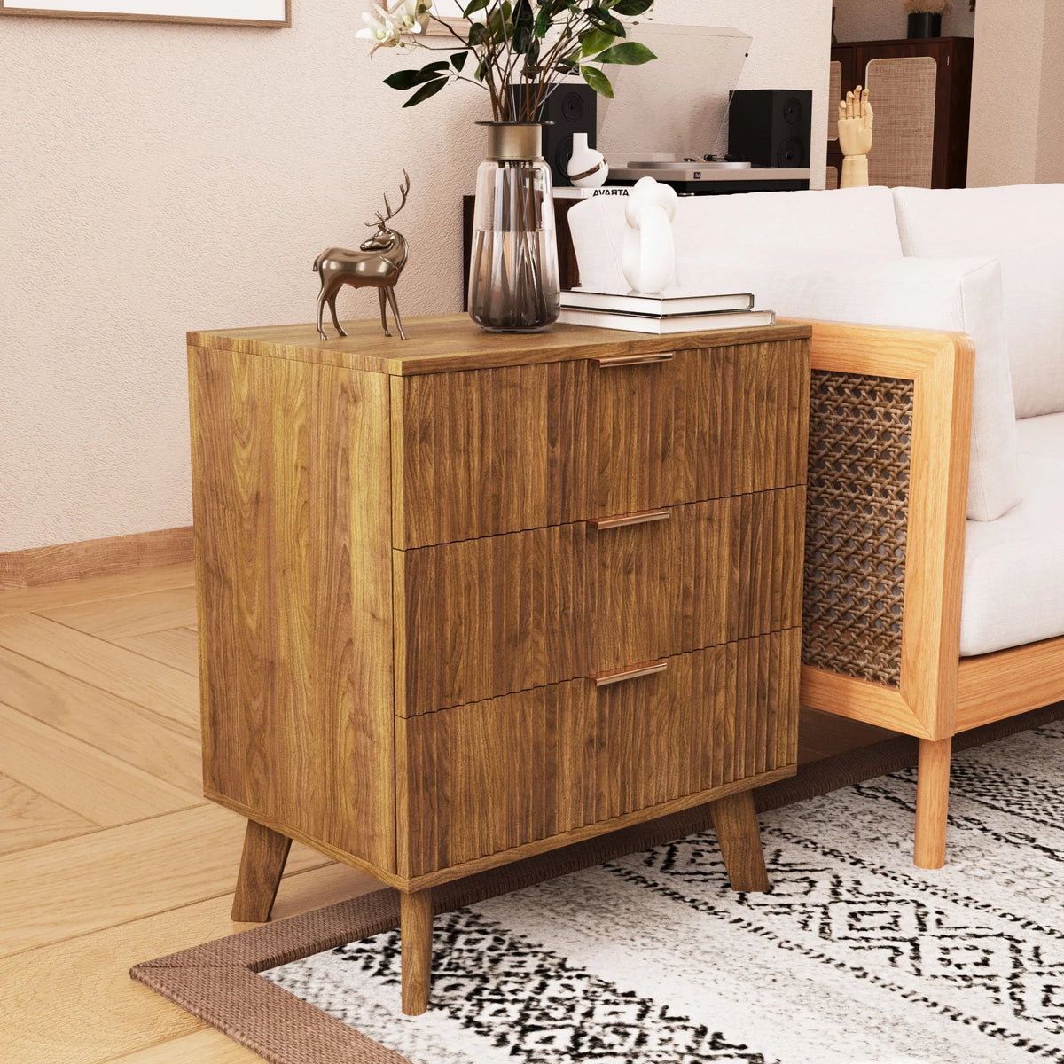 YOCWO Fluted Nightstand for Bedroom Set of 2 , Wood Bedside Table Set of 2 with Drawers, Black