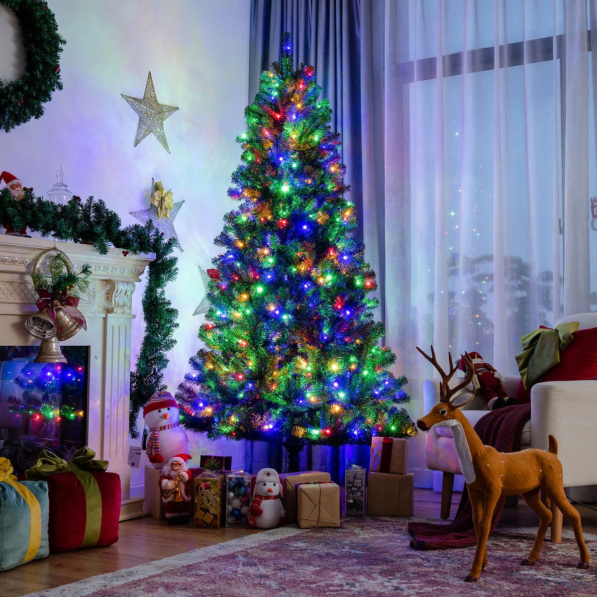 Costway 7ft Pre-lit Hinged Christmas Tree w/ Remote Control & 9 Lighting Modes