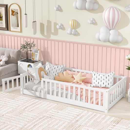 UHOMEPRO Twin Size Floor Bed with Door and Fence, Montessori Floor Bed with Slats and Safety Guardrails, Solid Wood Twin Bed Frame for Bedroom, White