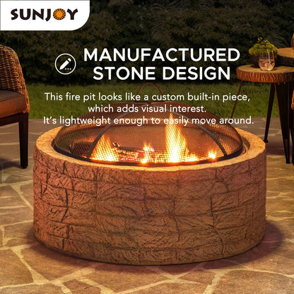 Sunjoy Stone Fire Pit 26 Inch, Outdoor Round Wood Burning Fire Pits with Spark Screen and Poker  Grey