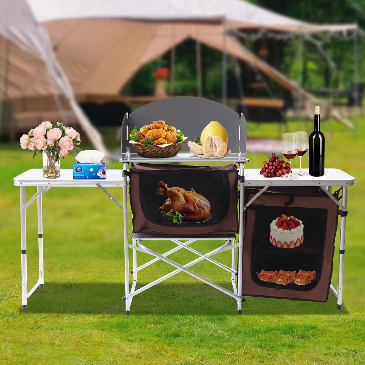 Camping Table with Storage Organizer and Windscreen Portable Outdoor Cooking Table Foldable Camp Table Camping Kitchen Station with 2 Side Tables for BBQ Grill Picnics