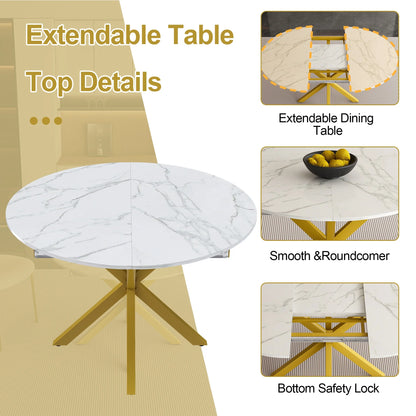 UHOMEPRO Extendable Dining Table with Extendable Blades, Modern Round Kitchen Table with Faux Marble Tabletop, Single Dining Room Table with Carbon Steel X-shaped Base for Dining Room, White+Gold