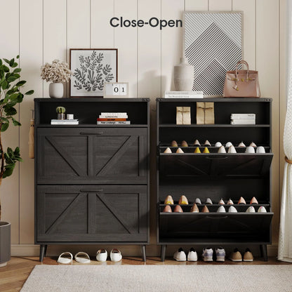 Veanerwood Shoe Cabinet with 2 Flip Drawers Farmhouse Shoe Storage Cabinet Organizer for Entryway, Gray