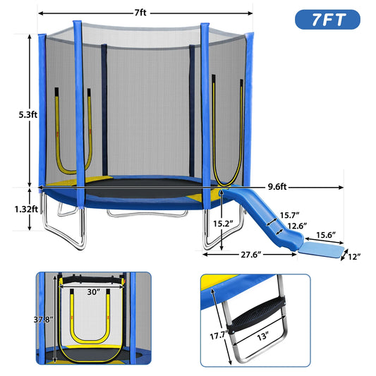7FT Trampoline for Kids,Outdoor Recreational Trampoline with Safety Enclosure Net,Blue