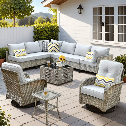 Vcatnet Outdoor Patio Furniture Sets 10 Pieces Sectional Sofa Wicker Conversation Set with Swivel Glider Chairs and Solar Powered Coffee Table for Porch,Backyard,Gray