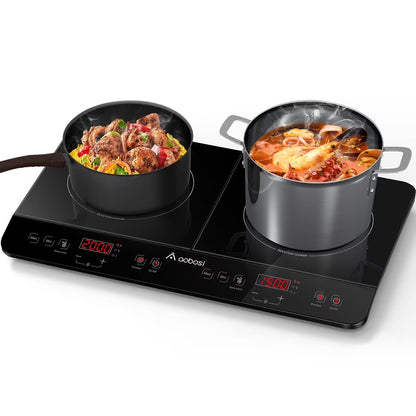 Aobosi Double Induction Cooktop with 2 Burners, 1800W Electric Stove Cooktop with Sensor Touch, 10 Temperature 9 Power Settings