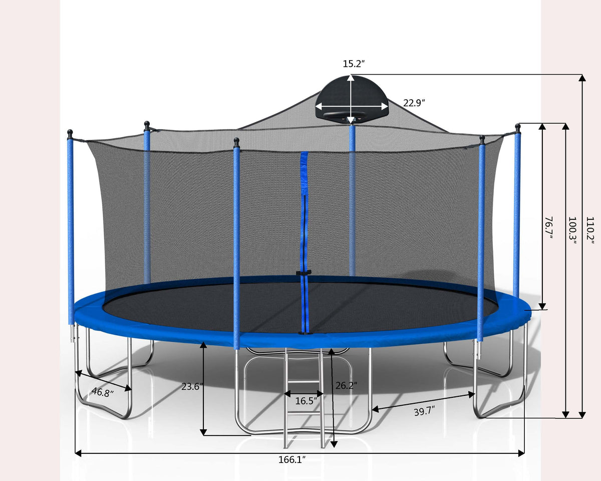 14FT Outdoor Trampoline with Safety Enclosure, Steel Tube Frame, Ladder & Secure Net - Heavy Duty, Blue
