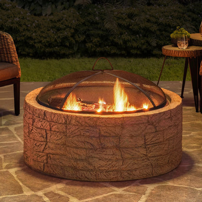 Sunjoy Stone Fire Pit 26 Inch, Outdoor Round Wood Burning Fire Pits with Spark Screen and Poker  Grey