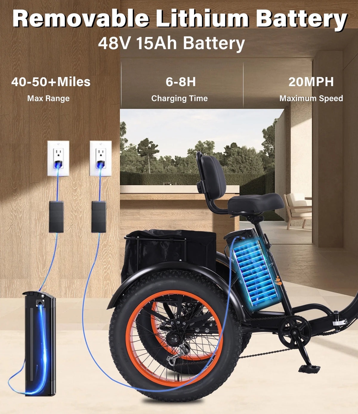 YEBEI Electric Tricycle for Adults Folding E-Trike Motorized Tricycle Electric 3 Wheels Trike Powerful 500W Motor Electric Tricycle 48V15AH Lithium Battery Max 20MPH 20*4.0�� Fat Tire Orange