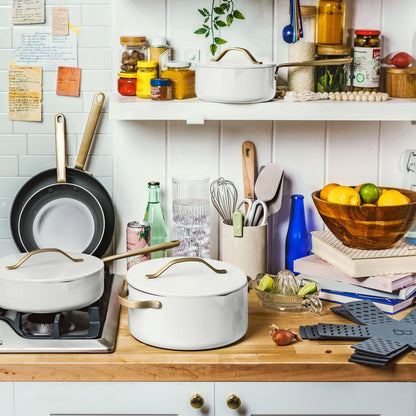 Beautiful 12pc Ceramic Non-Stick Cookware Set with Strainer Lids, White Icing by Drew Barrymore