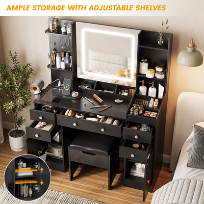 Vanity Set with Mirror and Lights, Makeup Table with Charging Station,5 Drawers & Storage Shelves, White